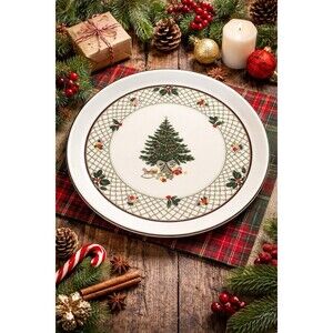 Mikasa Christmas Story 14" Round Party Platter Tree Lattice Green